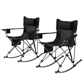 Folding Rocking Camping Chairs, Portable Chairs With Headrest, Cooler Bag, Cup Holder, Carry Bag, 2 Pack, Black (Option: BlacK)